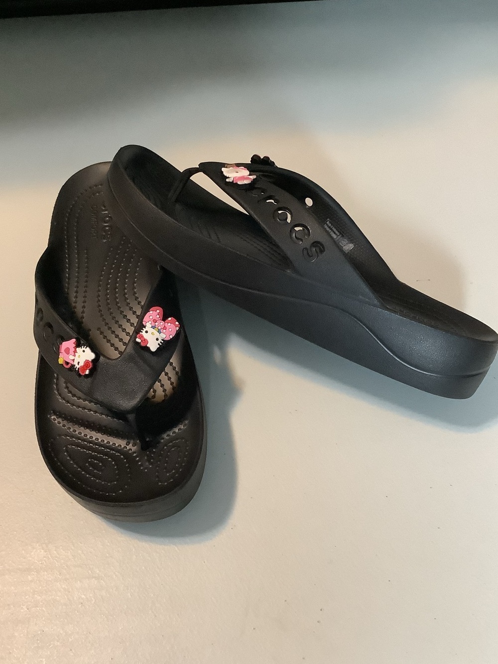 Crocs Women’s Black Platform Flip Sandals with Hello Kitty Charms